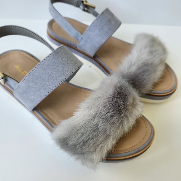 Aldo Gray Faux Fur Platform Sandals Suede Summer Casual Party Glam Pretty Cute - Picture 2 of 10